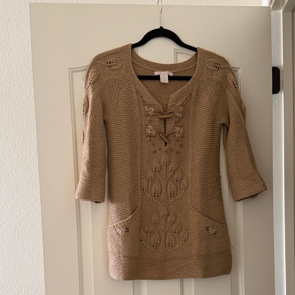 Rebecca Taylor Tan Lace-Up Pocket V-Neck Sweater
